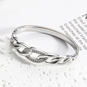 Elegant stainless steel rhinestone knotted cuff bangle bracelet for women daily fashion style.