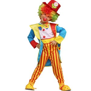 Halloween kinderen clown kostuum set, kleurrijke pruik, hoed en grappig pak voor feestje.