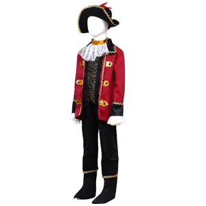 Kids pirate costume detail view showing red jacket, hat, and pants set for party dress up.