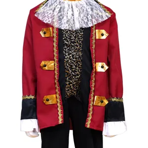 Detailed view of kids pirate captain costume with red jacket and lace collar for Halloween.
