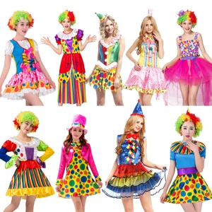 Costume de clown pour femme adulte ensemble robe a pois coloree spectacle de fete details.