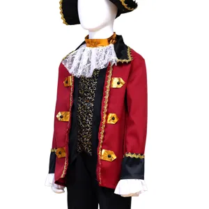 Detail view of the kids pirate costume jacket with lace collar and gold trim details close up