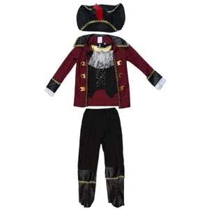 Details of kids pirate costume set including tricorn hat, jacket, pants for Halloween cosplay.