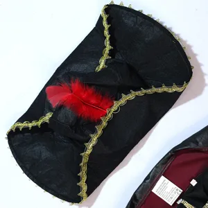Kids pirate hat costume accessory with red feather and gold trim for Halloween party setup.