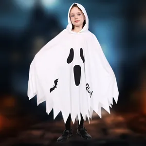Παιδικό Halloween λευκό φάντασμα με κουκούλα κάπα κοστούμι, αστεία τρομακτική στολή πάρτι.