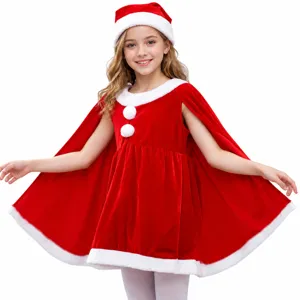 Disfraz de Papá Noel para niños, vestido de terciopelo rojo con capa y gorro de fiesta.