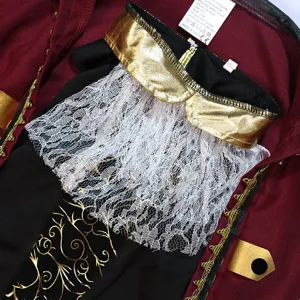 Kids pirate costume detail view showing gold collar lace ruff and vintage scroll fabric.