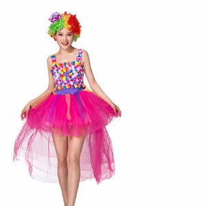 Costume de clown de cirque coloré pour femmes avec robe et chapeau pour fête et spectacle