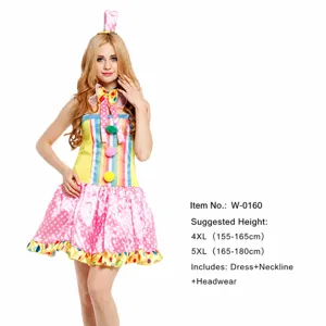 Belle robe de costume de clown colorée pour femme avec collier et coiffe pour fête.