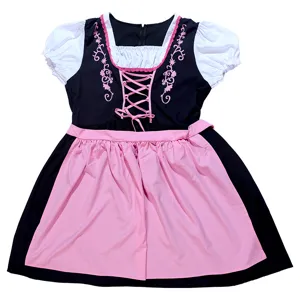 Παραδοσιακή βαυαρική φορεσιά Dirndl για Oktoberfest με μαύρο κορσέ, μπλούζα και ροζ ποδιά.