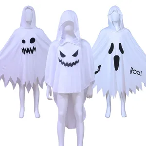 Kids white ghost hooded poncho costume for Halloween party, cute spooky cape apparel for kids.