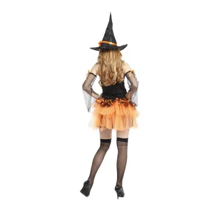 Rear view detail of Halloween witch costume, featuring pointed hat, mesh sleeves, and tutu skirt.