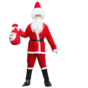 Costume de Père Noël adulte en velours rouge tenue de Noël complète avec bonnet pantalon et sac.