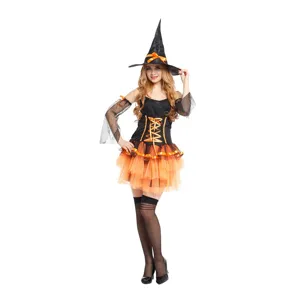 Halloween witch costume details, vampire cosplay dress set with pointy hat and sleeves.