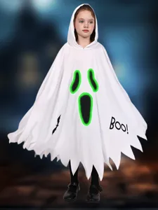 Παιδική αποκριάτικη λευκή κάπα φάντασμα Halloween με φωτεινή εκτύπωση προσώπου.