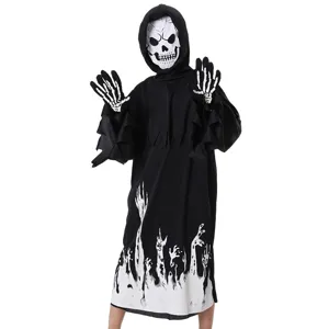 Costume cosplay da Tristo Mietitore di Halloween con veste nera con cappuccio, maschera e guanti.