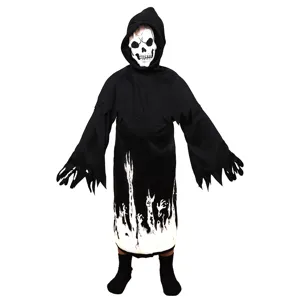 Vista dettagliata del costume da mietitore di Halloween con motivi scheletrici e maschera.