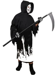 Costume da Mietitore di Halloween per Bambini Vestito con Cappuccio e Stampa Scheletro