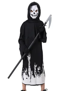 Costume da mietitore di Halloween per bambini con maschera teschio e falce per festa.