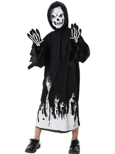 Costume da mietitore di Halloween con maschera teschio e guanti scheletro per bambini.