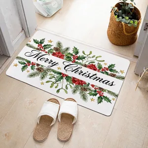 Détail de scène de paillasson de Noël avec des motifs botaniques aquarelle et texte de vœux.