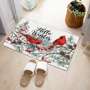 Tapis de sol cardinal d'hiver de Noël, tapis absorbant antidérapant en pin aquarelle.