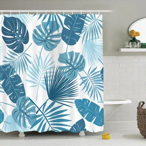 Blauw douchegordijn met tropische bladeren voor moderne badkamer, waterdichte stof, fris.