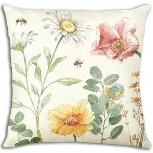 Funda de cojín decorativa con flores de acuarela, margarita y abeja para sofá y hogar.