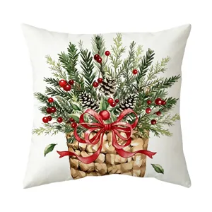 Federa per cuscino albero di Natale con bacche rosse e fiocco per decorazione divano festiva.