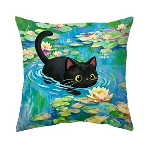 Funda de cojín gato negro pintura al óleo retro, decoración suave para el sofá.