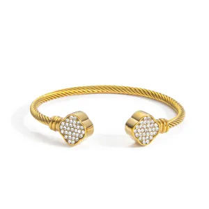 Gold Plated Open Cuff Bracelet Rhinestone Clover Bangle Fashion Women Daily Jewelry Gift