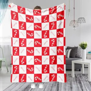 Christmas flannel blanket soft cozy red white checkered candy cane print sofa throw decor
