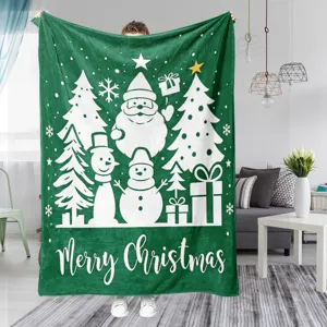 Green Christmas flannel throw blanket with Santa and snowman print for holiday home decor