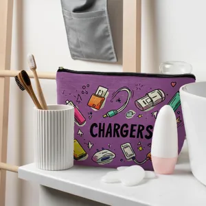 Detailed view of the purple digital storage cosmetic bag featuring cute charger cartoon prints.