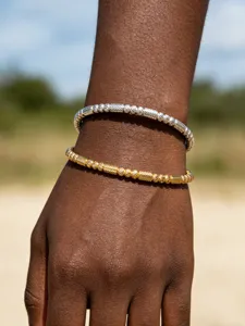 Gold und silberfarbene gedrehte Kabel und Perlen Edelstahl Armbänder Set Damen