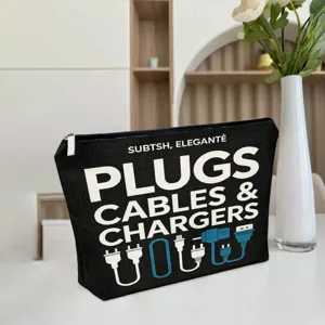 Detail view of black canvas zipper pouch with plugs cables text and white flower decor background.