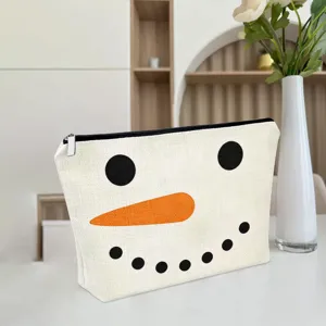 Bolsa de maquillaje de lino con estampado de muñeco de nieve navideño, gran capacidad.