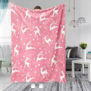Christmas Pink Flannel Blanket Reindeer Snowflake Soft Cozy Sofa Throw Winter Decor