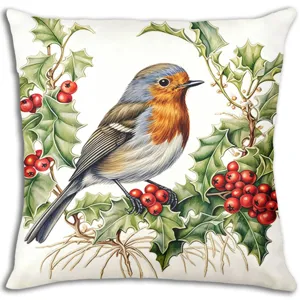Christmas robin bird linen throw pillow cover festive winter floral sofa cushion case