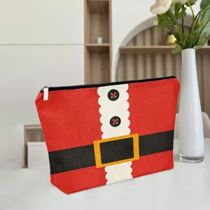 Bolsa de maquillaje de lino con estampado de Papá Noel, bonita bolsa de gran capacidad.