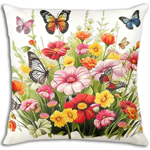 Spring botanical floral throw pillow cover with butterfly print for home sofa decor.