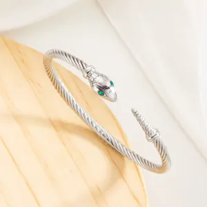 Bracelet jonc serpent en acier inoxydable avec yeux en cristal vert, style punk torsadé.