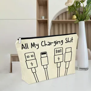 Canvas tech organizer pouch with zipper closure and funny charging cable graphic print for daily use