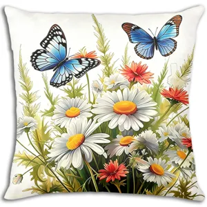 Close-up detail view of spring floral pillowcase featuring blue butterflies and white daisies.