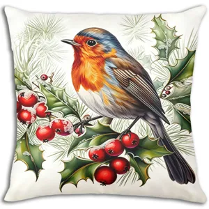 Christmas bird cushion cover linen red berries pillow case festive home sofa decor