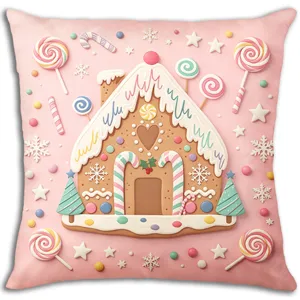 Federa per cuscino natalizio con casa di pan di zenzero color macaron stampa cartone animato