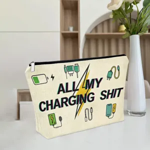 Canvas zipper storage pouch for digital accessories, portable makeup bag with cute charging icons.