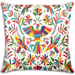 Colorful Mexican style throw pillow cover, vibrant floral and bird folk art print for sofa.