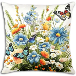 Spring floral throw pillow case with butterfly print, perfect decorative cushion for sofa.