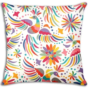 Mexican folk style decorative pillowcase with vibrant colorful birds and floral print.
